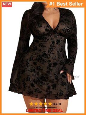 Women's Plus Size Mini Dress V-Neck Bell Long Sleeve A-Line Slim Fitted